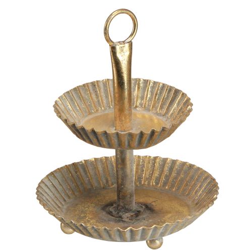 Kleine metalen taartschaal met 2 niveaus antiek goud Ø13cm H16,5cm