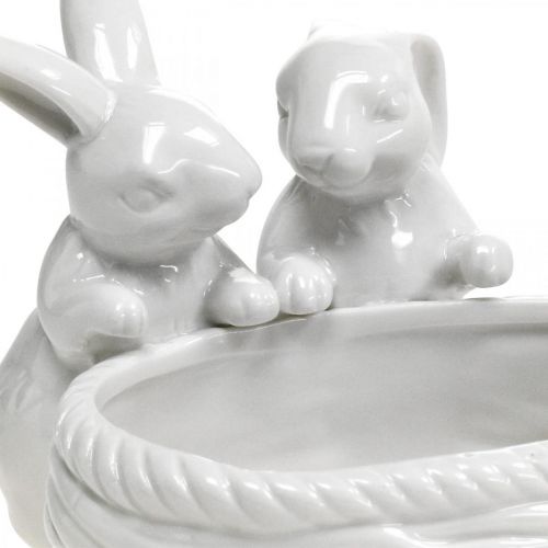 Artikel Konijnen met nest, tafeldecoratie, paasnest, porseleinen decoratie, decoratieve schaal wit L15cm H11cm