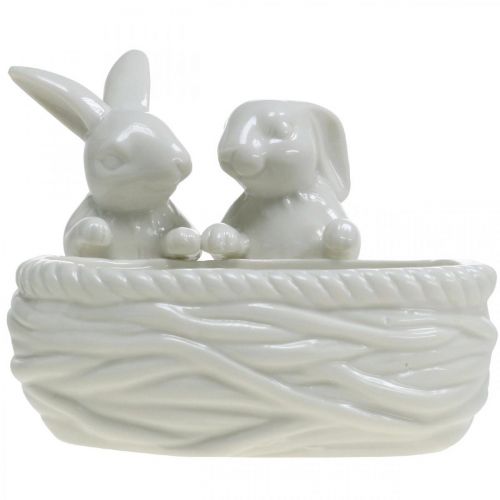 Artikel Konijnen met nest, tafeldecoratie, paasnest, porseleinen decoratie, decoratieve schaal wit L15cm H11cm