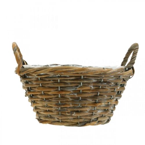 Artikel Bloemendecoratie, houten mand met handvatten, natuurlijke plantenbak, white washed H12cm Ø24cm