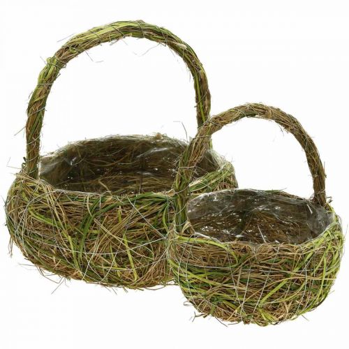 Floristik24 Plantenmand met handvatten raffia en hooi groene mand veer 16×22/21×27cm set van 2