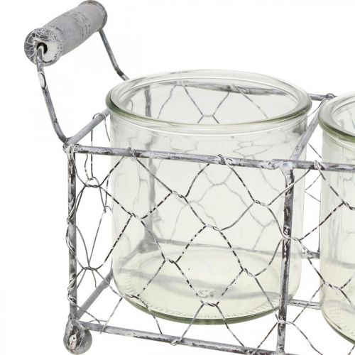 Artikel Vintage draadmand gewit met glazen vaas lantaarn 21×10,5 cm
