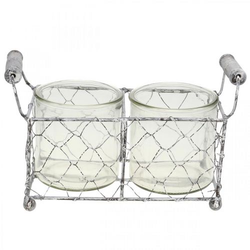 Vintage draadmand gewit met glazen vaas lantaarn 21×10,5 cm