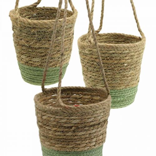 Artikel Hangmand, naturel mand, plantenbak om op te hangen naturel, groen Ø19/17/15cm set van 3