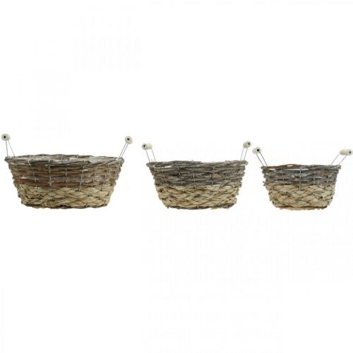 Artikel Plantenmand met handvatten, decoratieve bak voor Pasen, naturel mand, shabby chic white wash Ø28/24/19cm H12/11/10cm set van 3