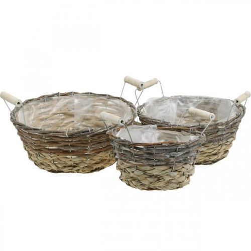 Floristik24 Plantenmand met handvatten, decoratieve bak voor Pasen, naturel mand, shabby chic white wash Ø28/24/19cm H12/11/10cm set van 3