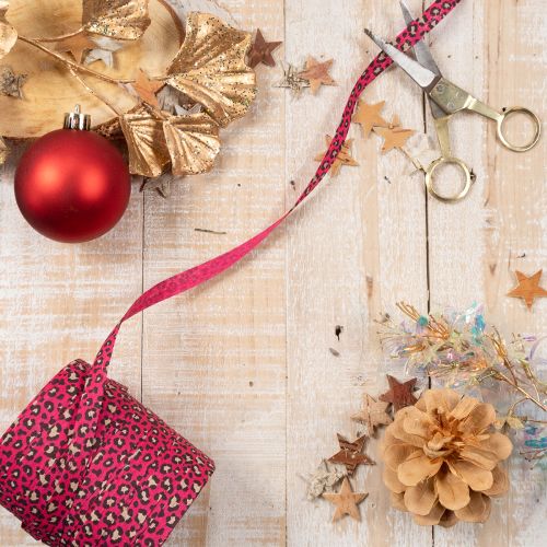 Decoratief lint met luipaardprint, roze, krullint voor het inpakken van cadeaus en knutselen, 10 mm, 100 m | Floristik24.nl