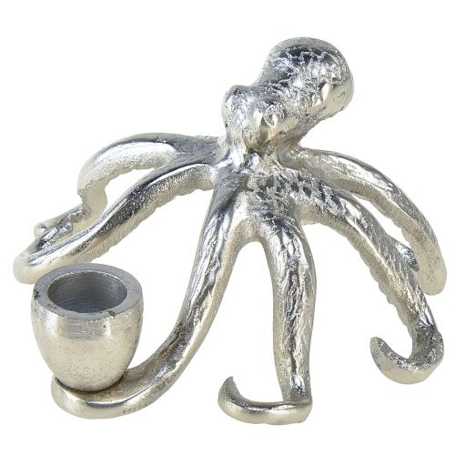 Maritieme decoratieve kandelaar octopus metaal zilver Ø14cm H9cm