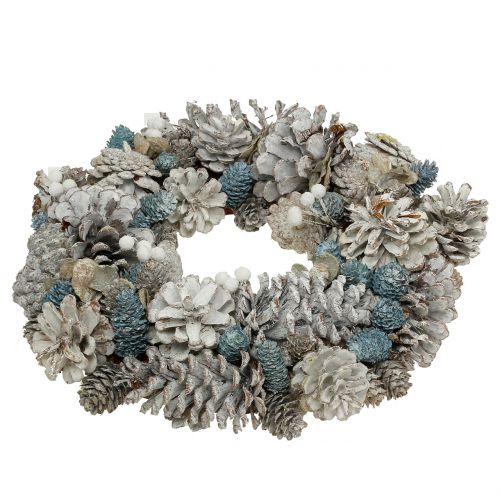 Floristik24 Kegelskrans met glitter wit, blauw, naturel Ø32cm