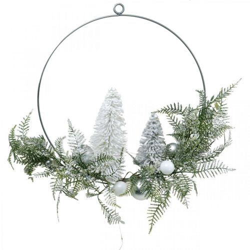 Floristik24 Verlichte krans met dennenbomen en ballen, Advent, winterdecoratie om op te hangen, LED-decoratiering zilver B45cm Ø30cm