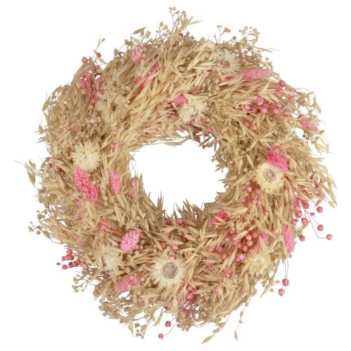Floristik24 Decoratieve krans haverkrans naturel krans strobloemen roze Ø29cm