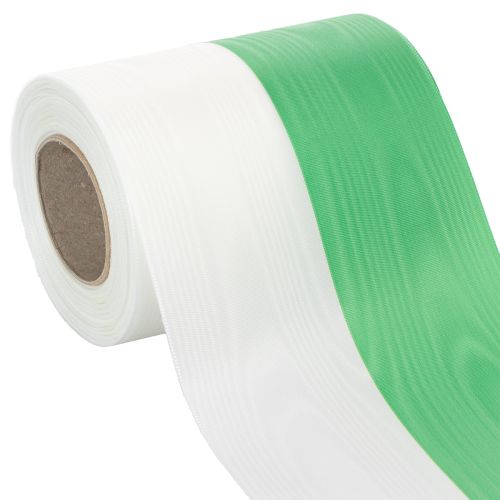 Artikel Moiré kranslint 125 mm x 25 m in groen en wit, geweven taftlint, nationaal lint, decoratief lint