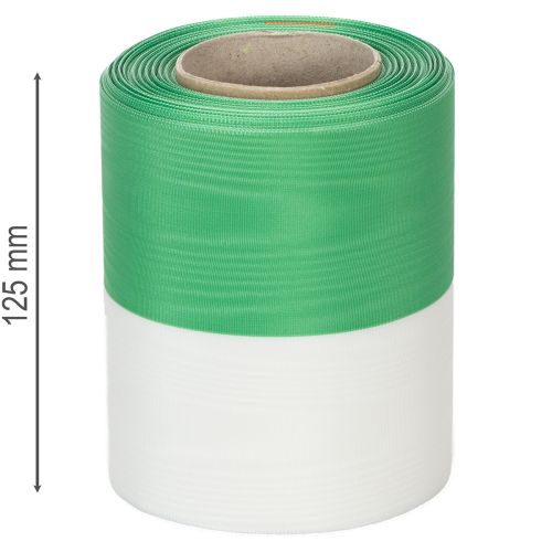 Artikel Moiré kranslint 125 mm x 25 m in groen en wit, geweven taftlint, nationaal lint, decoratief lint