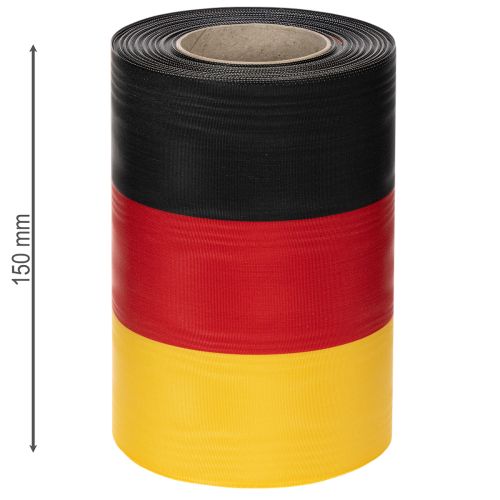 Artikel Moiré kranslinten 150 mm zwart-rood-goud met Frans moiré-effect, rol van 25 meter voor decoratie en uitvaartdiensten.