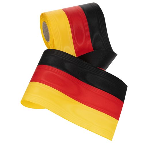 Artikel Moiré kranslinten 150 mm zwart-rood-goud met Frans moiré-effect, rol van 25 meter voor decoratie en uitvaartdiensten.