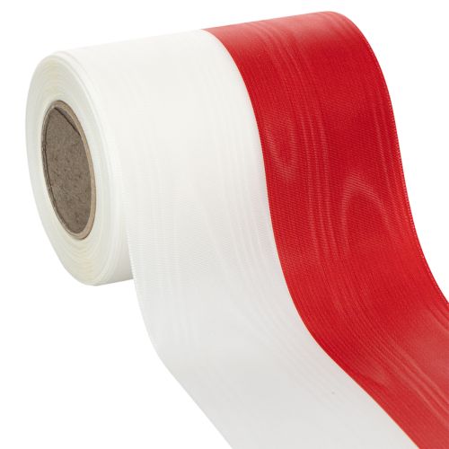 Artikel Wit en rood moiré kranslint, 125 mm - rouwlint, decoratief lint, striklint, feestlint, rol van 25 m