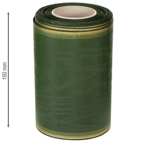 Artikel Moiré kranslint, 150 mm, donkergroen met gouden parelrand, taftweefsel, rol van 25 meter voor decoratie en vormgeving.