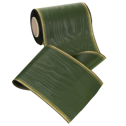 Artikel Moiré kranslint, 150 mm, donkergroen met gouden parelrand, taftweefsel, rol van 25 meter voor decoratie en vormgeving.