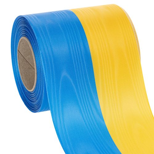 Artikel Blauw en geel moiré kranslint, 100 mm, nationaal lint, clublint, decoratief lint, feestelijk rouwlint, acetaat