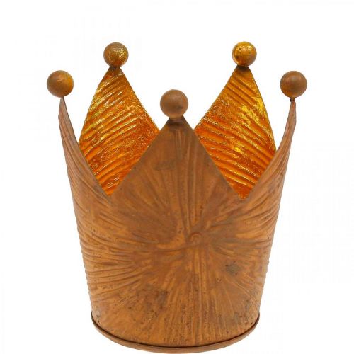 Waxinelichthouder kroon roest goud look metaal decoratie H10cm