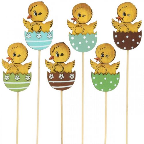 Artikel Paasdecoratie kuiken in ei houten decoratiefiguur op stok Pasen 7cm 12 st
