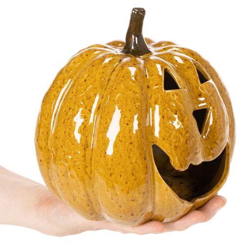 Keramische pompoen met gezicht, LED-decoratie, Halloween, 19 cm | Floristik24.nl