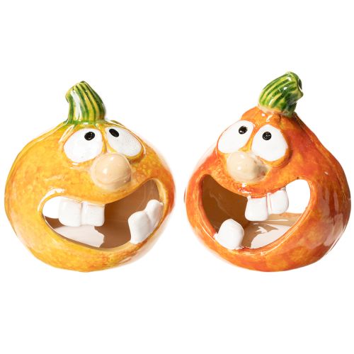 Decoratieve pompoenfiguur en theelichthouder, grappig gezichtje, herfstdecoratie, 12 cm, 2 stuks