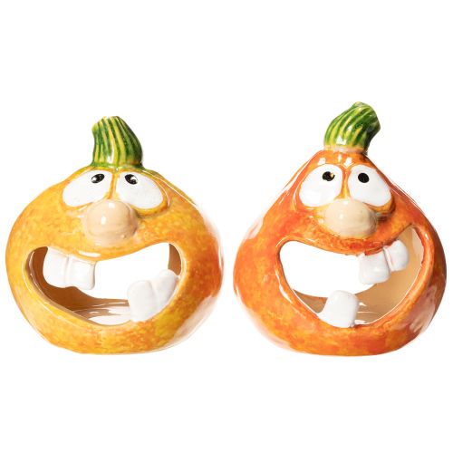 Decoratieve pompoenfiguur en theelichthouder, grappig gezichtje, herfstdecoratie, 12 cm, 2 stuks | Floristik24.nl