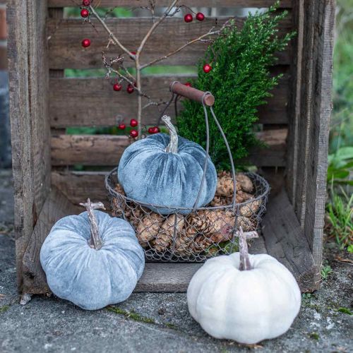 Artikel Pompoendecoratie herfst beige grijs geflockt H11cm Ø12cm 3 st