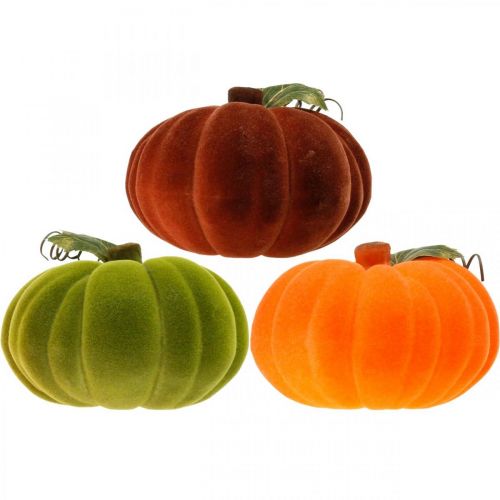 Artikel Decoratieve pompoen gevlokt mix oranje, groen, rood herfstdecoratie 16cm 3 st