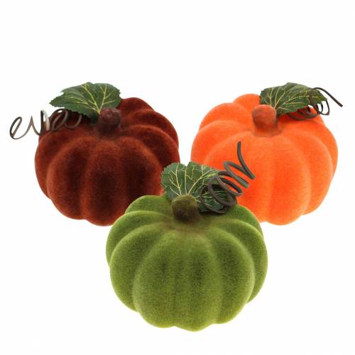 Artikel Mini pompoen flocked oranje, groen, rood Ø9cm 6st