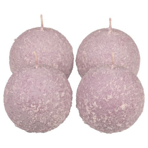 Ronde kaarsen paarse sneeuwbal glitterbolkaarsen 8 cm, 4 stuks