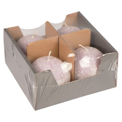 Artikel Ronde kaarsen paarse sneeuwbal glitterbolkaarsen 8 cm, 4 stuks