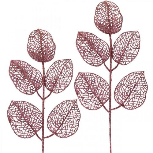 Floristik24 Kunstplanten, decoratieve bladeren, kunsttakken roze glitter L36cm 10 st