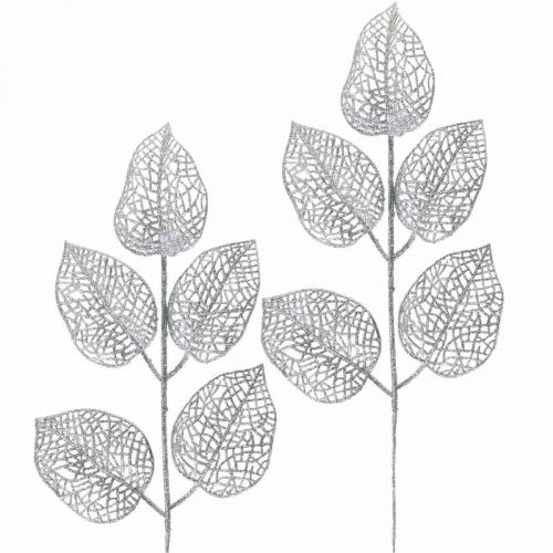 Floristik24 Kunstplanten, takdecoratie, deco blad zilver glitter L36cm 10st