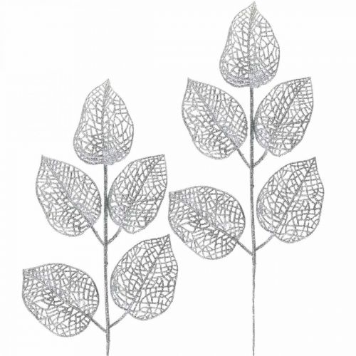 Kunstplanten, takdecoratie, deco blad zilver glitter L36cm 10st