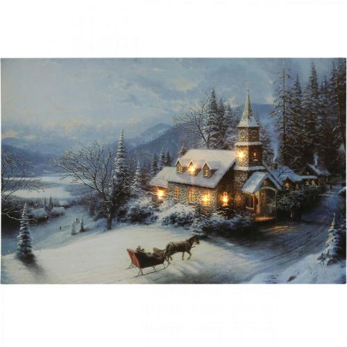 Artikel LED afbeelding kerst winterlandschap met kerk LED muurschildering 58x38cm