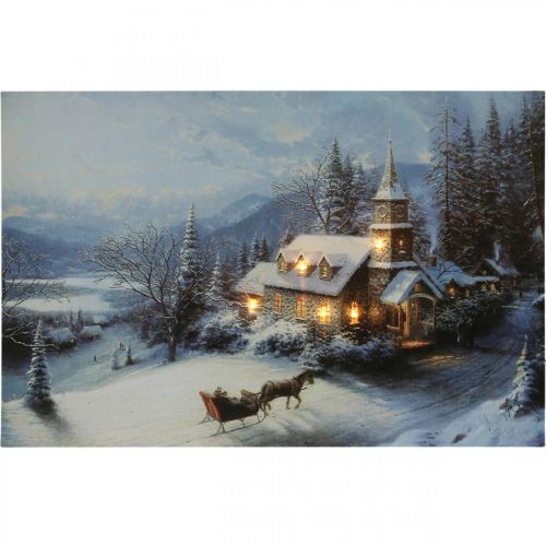 Floristik24 LED afbeelding kerst winterlandschap met kerk LED muurschildering 58x38cm