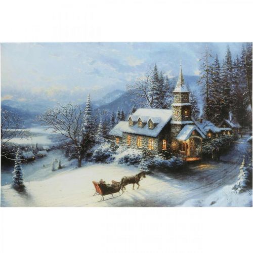 LED afbeelding kerst winterlandschap met kerk LED muurschildering 58x38cm