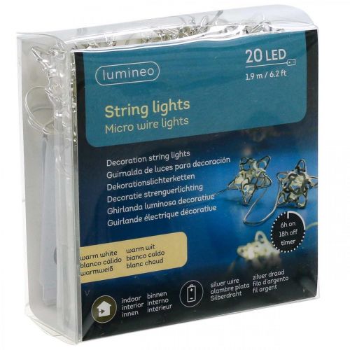 Artikel LED lichtketting stars micro LED timer binnen zilver 1.90m