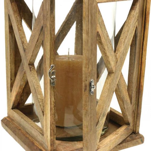 Artikel Lantaarn hout groot met glazen lantaarn antiek look 25×25×41cm
