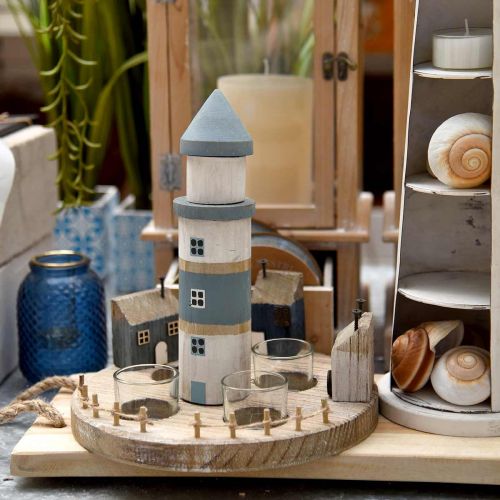 Floristik24 Lighthouse theelichthouder blauw, wit 4 theelichtjes Ø25cm H28cm