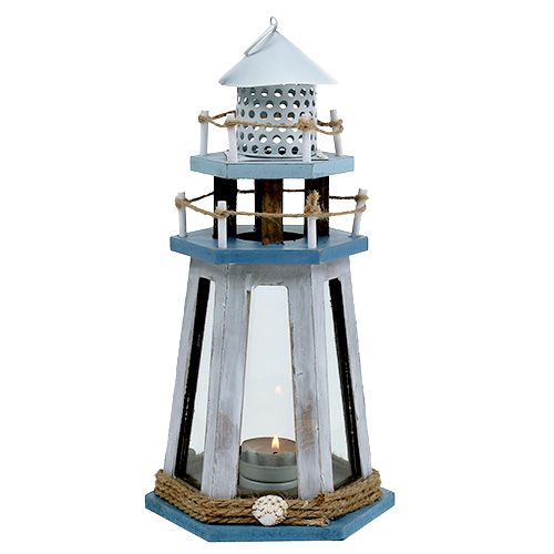 Vuurtoren als theelichthouder naturel blauw H32cm