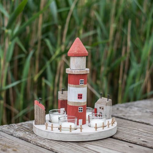 Floristik24 Lighthouse waxinelichthouder rood, wit 4 waxinelichtjes Ø25cm H28m