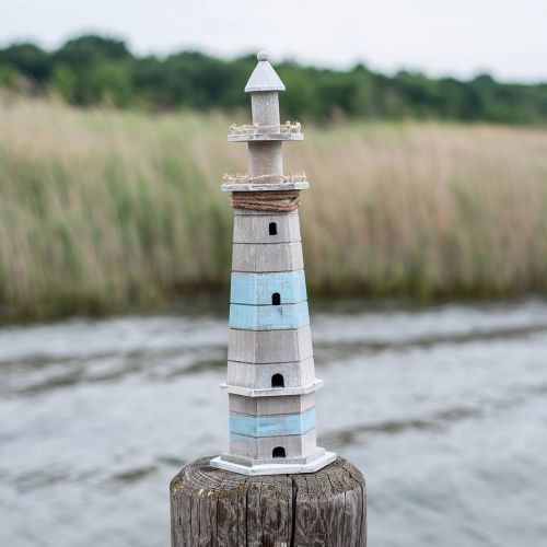 Artikel Vuurtoren om neer te zetten, maritiem houten decoratie naturel, blauw-wit shabby chic H54cm