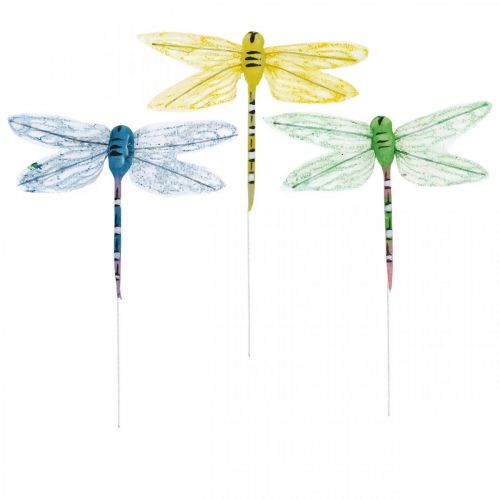 Zomerdecoratie, libellen aan draad, decoratieve insecten geel, groen, blauw B10,5cm 6 st