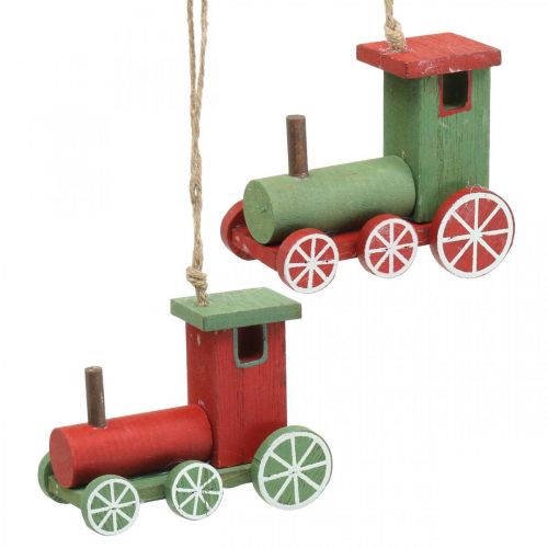 Locomotief kerstboomversiering hout rood, groen 8.5 × 4 × 7cm 4st