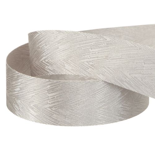 Artikel Luxe zilveren zijden lint met elegant verenmotief - ideaal voor bruiloften en feestelijke gelegenheden. Breed 25 mm, lengte 15 meter