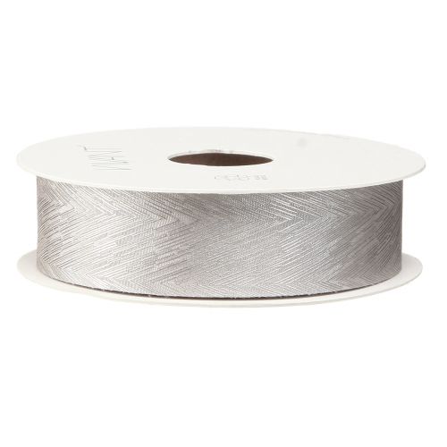 Artikel Luxe zilveren zijden lint met elegant verenmotief - ideaal voor bruiloften en feestelijke gelegenheden. Breed 25 mm, lengte 15 meter