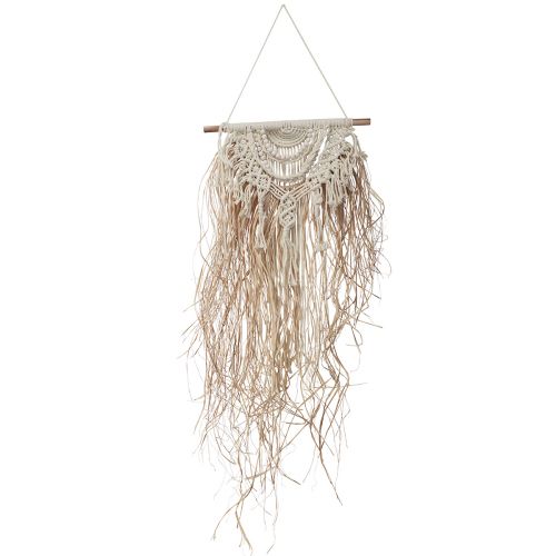 Macrame wanddecoratie boho crème natuurlijk raffiahout 38x100cm